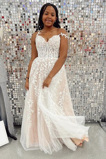 White Off the Shoulder Prom Dress with Appliques