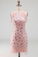 Load image into Gallery viewer, Tight Short Sparkly Blush Beaded Ruffled Halter Birthday Party Dress with Fringes