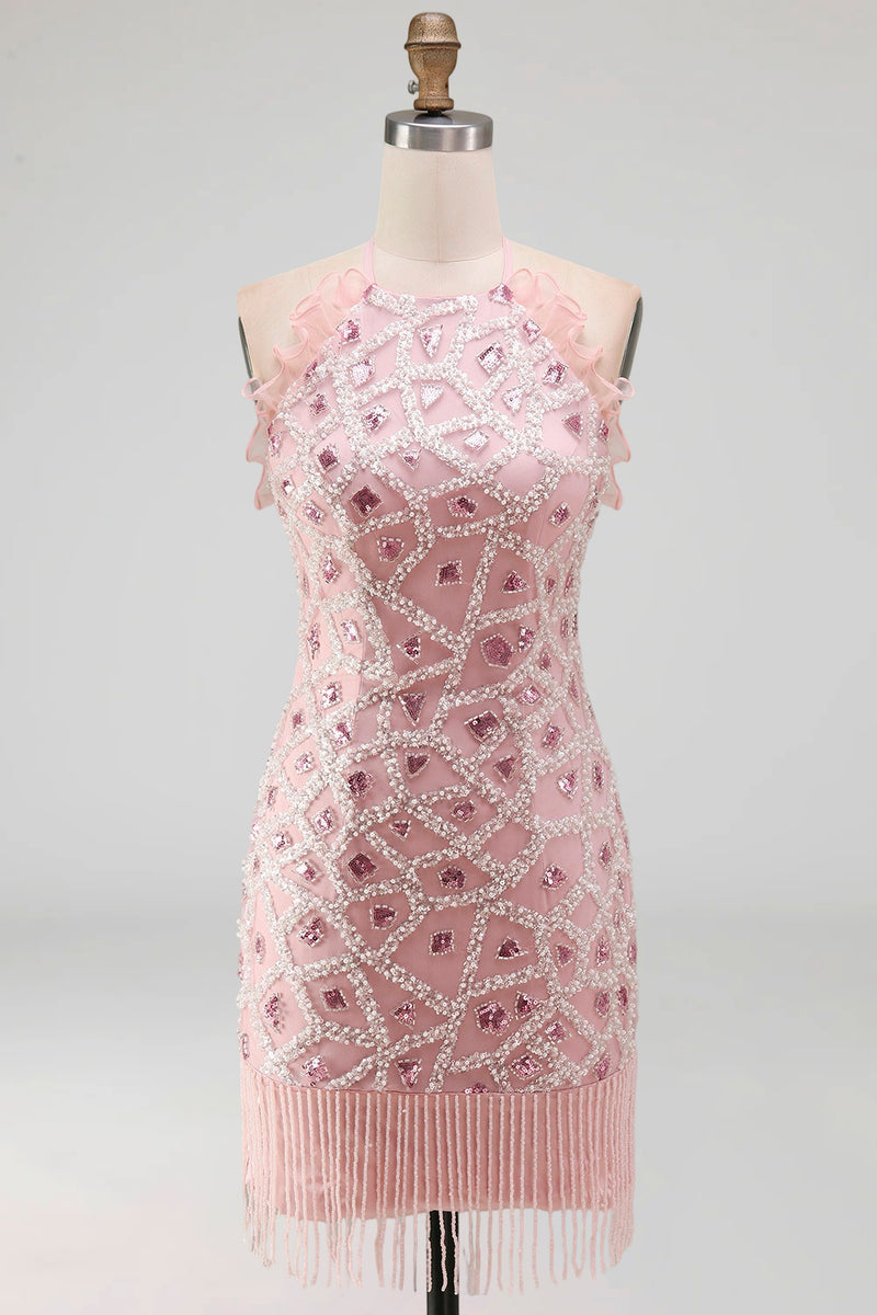 Load image into Gallery viewer, Tight Short Sparkly Blush Beaded Ruffled Halter Birthday Party Dress with Fringes