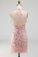 Load image into Gallery viewer, Tight Short Sparkly Blush Beaded Ruffled Halter Birthday Party Dress with Fringes