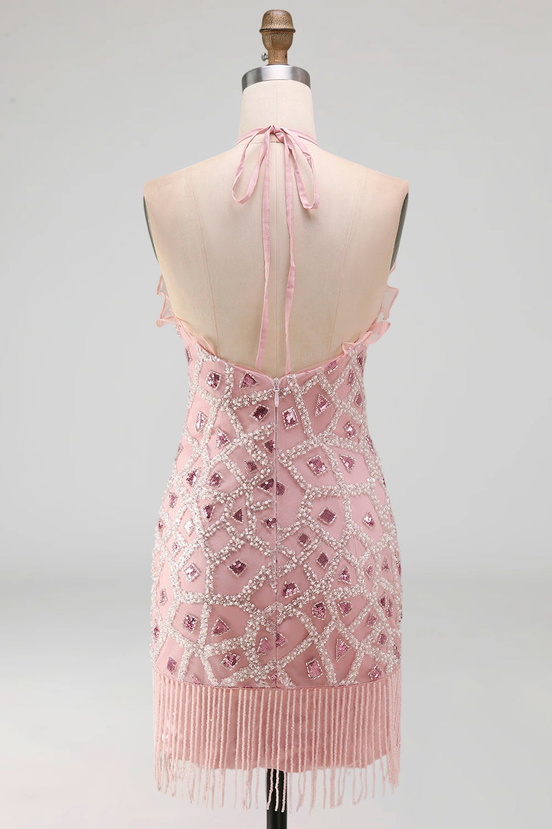 Load image into Gallery viewer, Tight Short Sparkly Blush Beaded Ruffled Halter Birthday Party Dress with Fringes