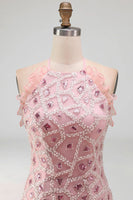 Load image into Gallery viewer, Tight Short Sparkly Blush Beaded Ruffled Halter Birthday Party Dress with Fringes