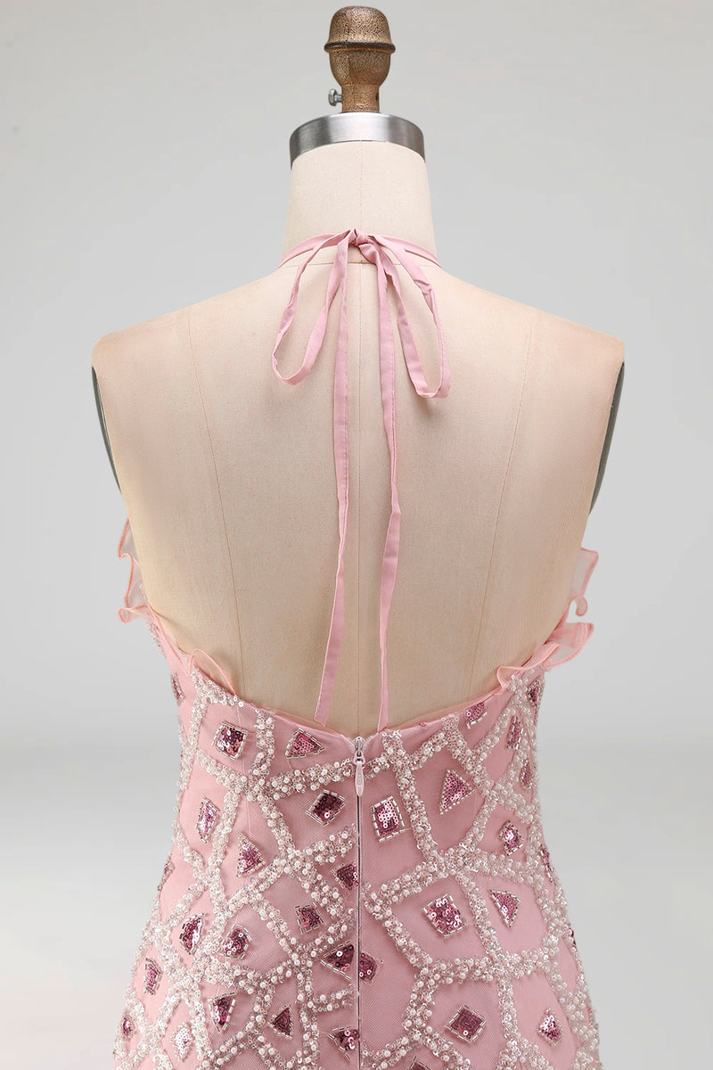 Load image into Gallery viewer, Tight Short Sparkly Blush Beaded Ruffled Halter Birthday Party Dress with Fringes