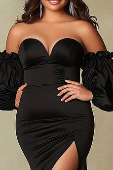 Black Satin Strapless Mermaid Plus Size Prom Dress with Slit