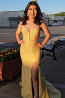 Load image into Gallery viewer, Glitter Black Corset Spaghetti Straps Mermaid Long Prom Dress with Slit