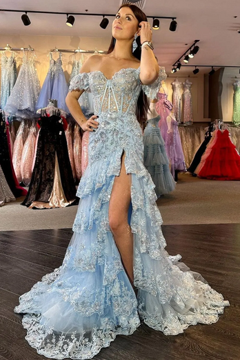 Navy A Line Off the Shoulder Long Prom Dress with Lace
