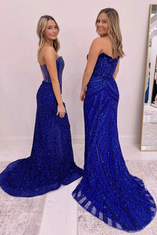 Sparkly Royal Blue Sweetheart Sequins Long Corset Prom Dress with Beading