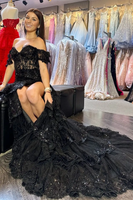 Load image into Gallery viewer, Women Black Long Prom Dress with Slit Sparkly Mermaid Off the Shoulder Corset Tiered Sleeveless Formal Dress with Lace