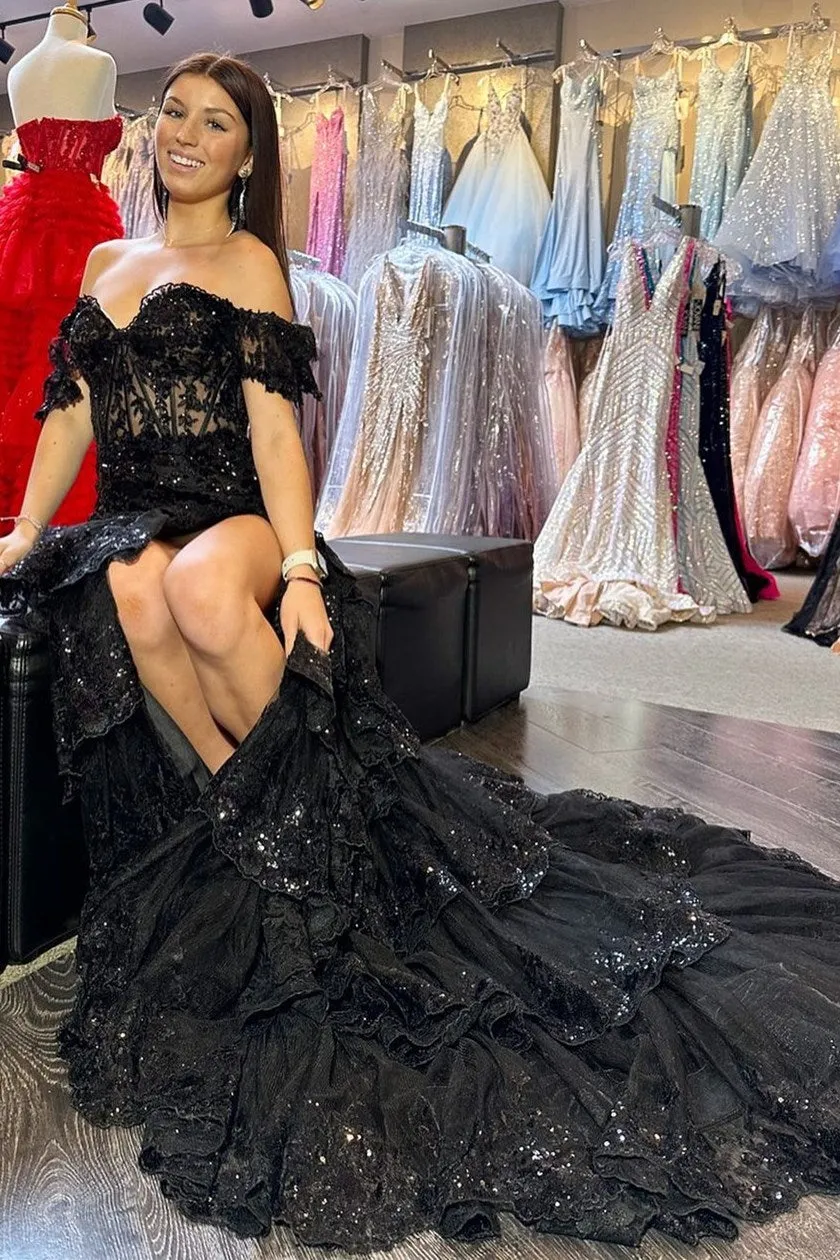Black Mermaid Off the Shoulder Corset Prom Dress with Lace