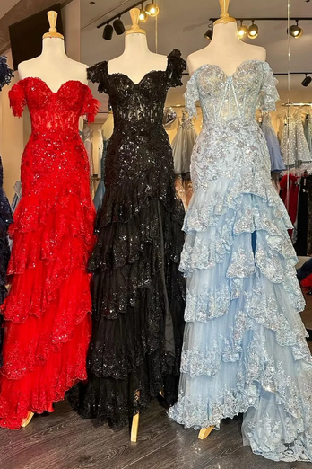 Black Mermaid Off the Shoulder Corset Prom Dress with Lace