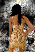 Load image into Gallery viewer, Sparkly Golden Spaghetti Straps Sequins Tight Short Party Dress with Fringes