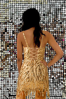 Sparkly Golden Spaghetti Straps Sequins Tight Short Party Dress with Fringes