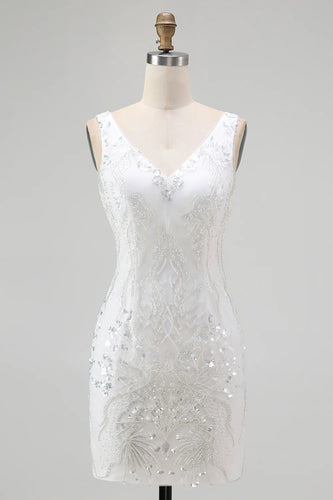 Sparkly White V-Neck Tight Short Prom Dress with Sequins