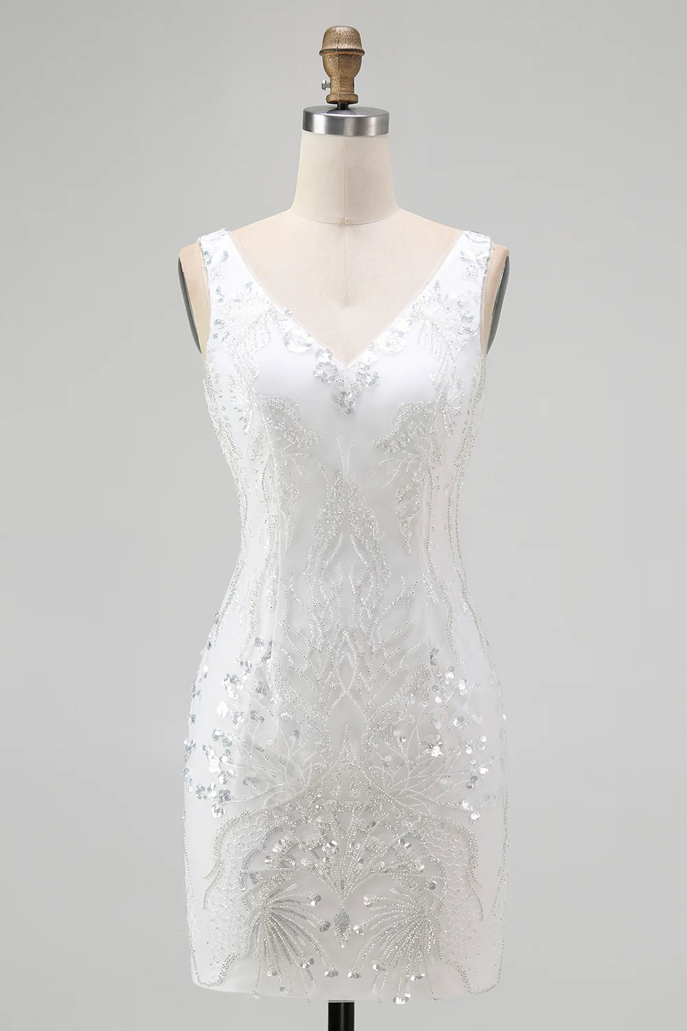 Sparkly White V-Neck Tight Short Prom Dress with Sequins