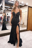 Load image into Gallery viewer, Glitter Black Corset Spaghetti Straps Mermaid Long Prom Dress with Slit