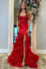 Load image into Gallery viewer, Red Corset Mermaid Ruffled Long Prom Dress with Appliques