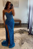 Load image into Gallery viewer, Sparkly Blue Sweetheart Sequins Bodycon Long Corset Prom Dress with Beading