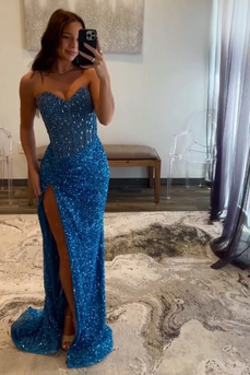 Sparkly Blue Sweetheart Sequins Bodycon Long Corset Prom Dress with Beading