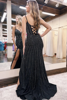 Load image into Gallery viewer, Glitter Black Corset Spaghetti Straps Mermaid Long Prom Dress with Slit