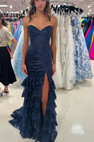 Load image into Gallery viewer, Red Corset Mermaid Ruffled Long Prom Dress with Appliques