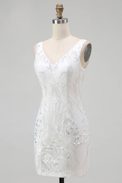 Sparkly White V-Neck Tight Short Prom Dress with Sequins