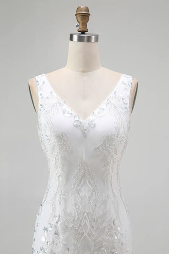Sparkly White V-Neck Tight Short Prom Dress with Sequins