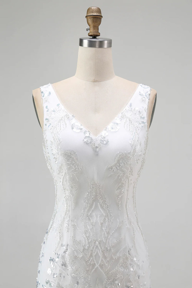 Load image into Gallery viewer, Sparkly White V-Neck Tight Short Prom Dress with Sequins