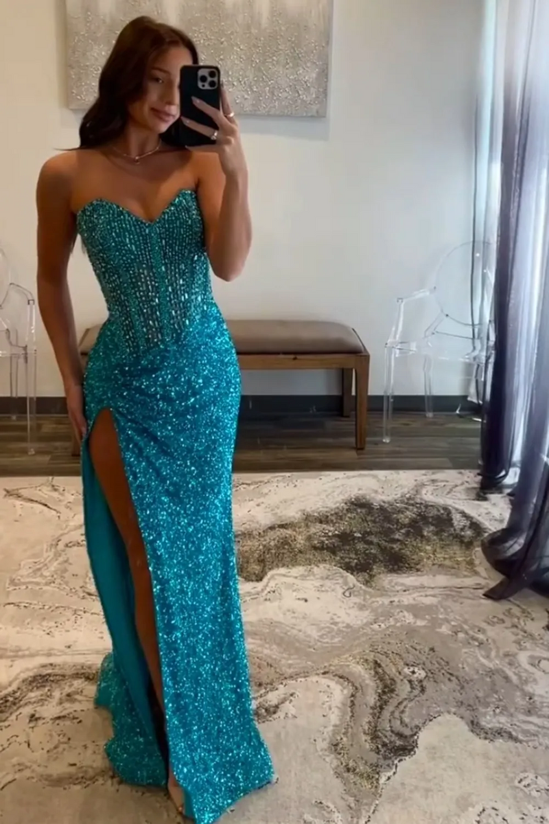 Load image into Gallery viewer, Sparkly Blue Sweetheart Sequins Bodycon Long Corset Prom Dress with Beading
