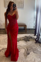 Load image into Gallery viewer, Women Sparkly Red Corset Maxi Prom Dress with Slit Bodycon Sequins Sweetheart Long Evening Dress with Beading