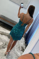 Load image into Gallery viewer, Sparkly Blue Beaded Tight Mini Party Dress with Fringes