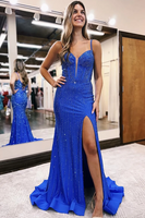 Load image into Gallery viewer, Glitter Black Corset Spaghetti Straps Mermaid Long Prom Dress with Slit