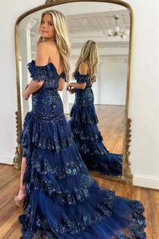 Navy A Line Off the Shoulder Long Prom Dress with Lace