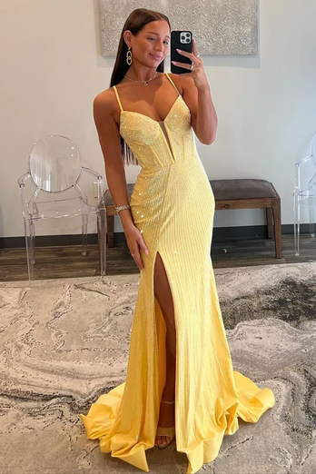Glitter Black Corset Spaghetti Straps Mermaid Long Prom Dress with Slit
