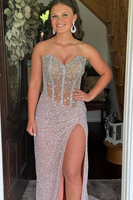 Load image into Gallery viewer, Women Sparkly Champagne Corset Maxi Prom Dress with Slit Bodycon Sequins Sweetheart Long Evening Dress with Beading