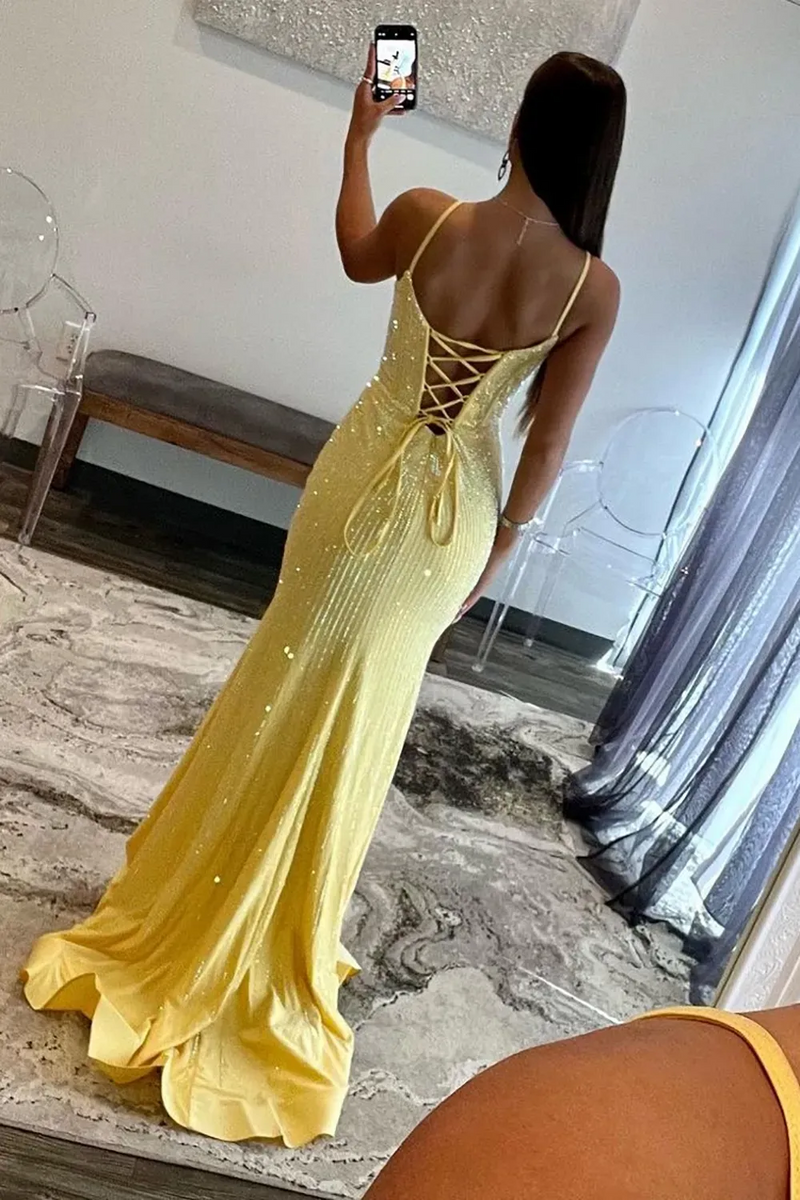 Load image into Gallery viewer, Glitter Black Corset Spaghetti Straps Mermaid Long Prom Dress with Slit