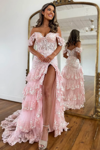 Navy A Line Off the Shoulder Long Prom Dress with Lace