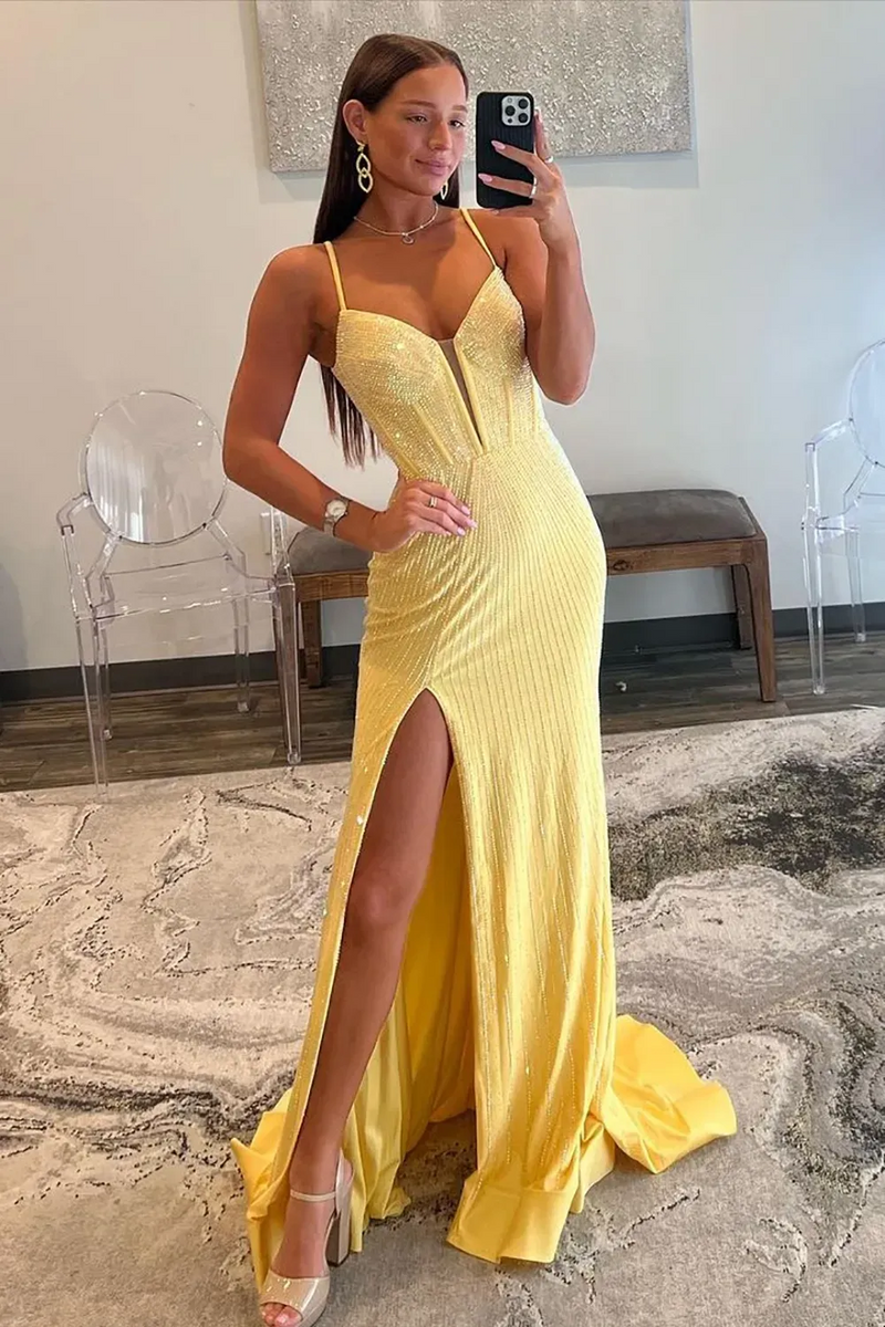 Load image into Gallery viewer, Glitter Black Corset Spaghetti Straps Mermaid Long Prom Dress with Slit