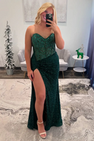 Load image into Gallery viewer, Women Sparkly Emerald Green Corset Maxi Prom Dress with Slit Bodycon Sequins Sweetheart Long Evening Dress with Beading