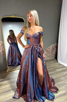 Load image into Gallery viewer, Sparkly Blue Metallic Off the Shoulder A-Line Long Corset Prom Dress with Bow