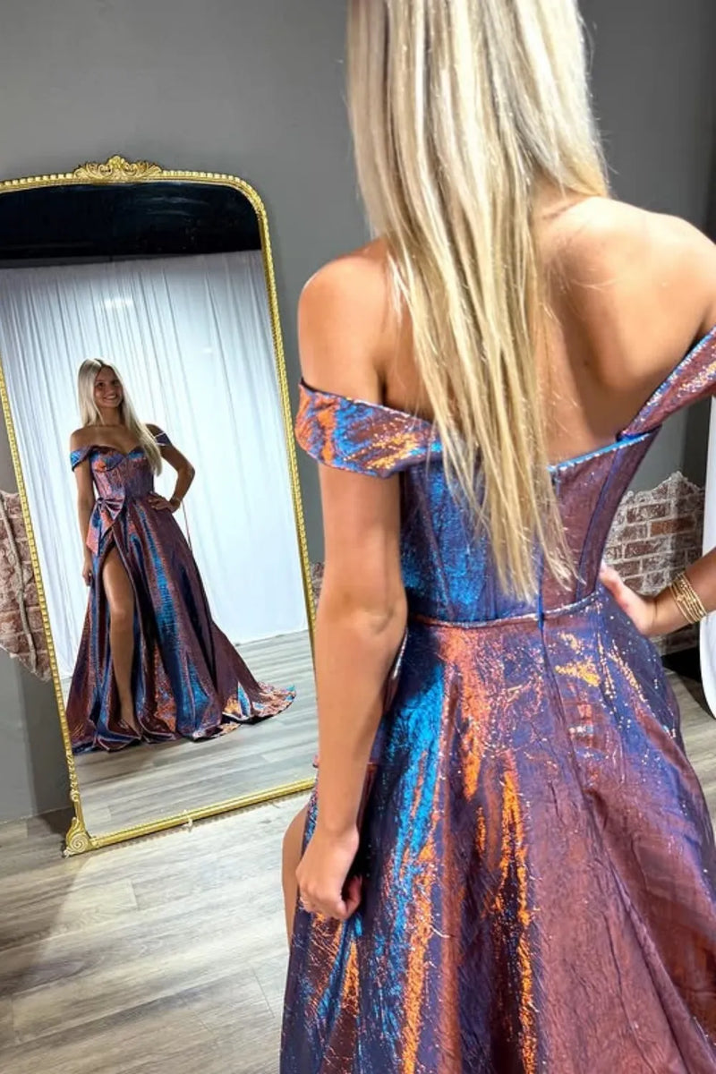 Load image into Gallery viewer, Sparkly Blue Metallic Off the Shoulder A-Line Long Corset Prom Dress with Bow