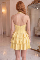 Load image into Gallery viewer, Yellow Sparkly Tiered Short Corset Cocktail Dress with Ruffles