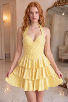 Load image into Gallery viewer, Yellow Sparkly Tiered Short Corset Cocktail Dress with Ruffles
