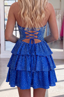 Load image into Gallery viewer, Sparkly Royal Blue Tiered Keyhole Short Cocktail Dress with Ruffles