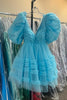 Load image into Gallery viewer, Blue A-Line Ruffled Puff Sleeves Tulle Short Prom Dress