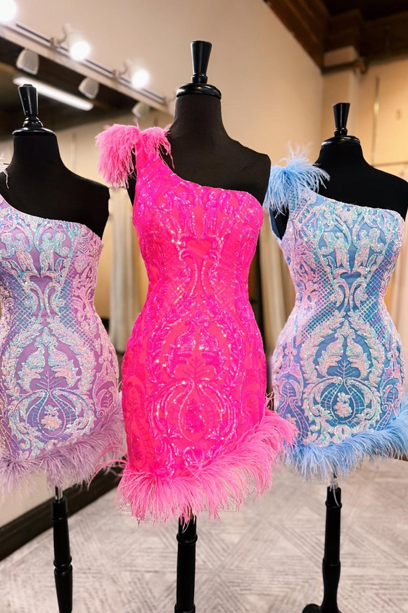 Load image into Gallery viewer, Glitter Hot Pink One Shoulder Tight Short Prom Dress with Feathers