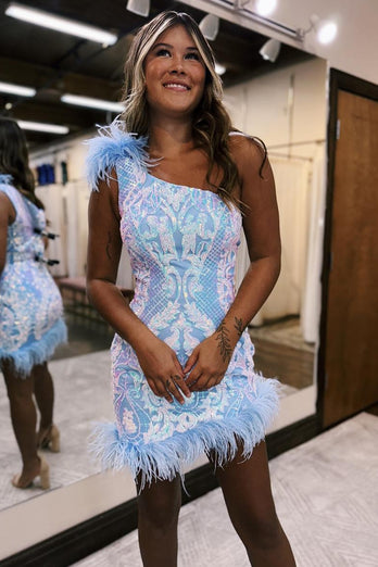 Glitter Hot Pink One Shoulder Tight Short Prom Dress with Feathers