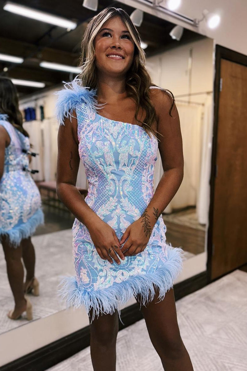 Load image into Gallery viewer, Glitter Hot Pink One Shoulder Tight Short Prom Dress with Feathers