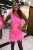 Load image into Gallery viewer, Glitter Hot Pink One Shoulder Tight Short Prom Dress with Feathers