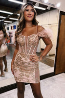 Load image into Gallery viewer, Giltter Rose Gold Tight Short Party Dress with Feathers