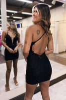 Load image into Gallery viewer, Glitter Black Tight Beaded Short Prom Dress with Appliques